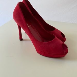 Red YSL Suede Peep Toe Heels, sz 39.5